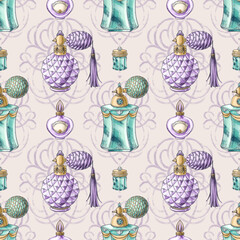 Seamless pattern on pink background made of hand drawn illustrations of jeweled perfume spray bottle, crystal jar for wallpaper, textile design, identity, package, wrapping paper, decoration