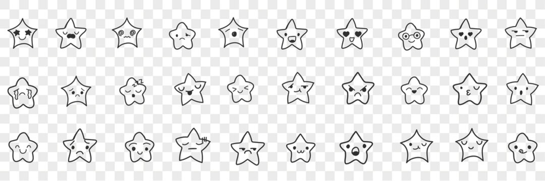 Stars with emoji faces doodle set. Collection of hand drawn cute funny stars with positive and negative facial expressions emoticon isolated on transparent background