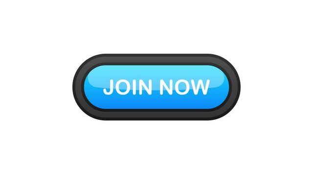 Join Now blue realistic 3D button isolated on white background. Hand clicked. Motion graphic.