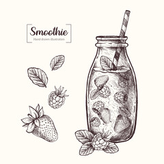 Smoothie in graphic style. Milkshake with strawberries, raspberries and mint. Vector Hand Drawn in doodle style. Sketch Botanical Illustration. Eco healthy food.  © Katy's Dreams