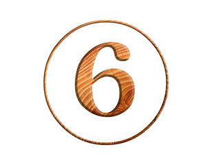 3D illustration hard wood plank number 6, brown color alphabet, circle round design element , isolated on white