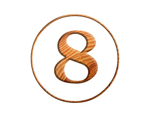 3D illustration hard wood plank number 8 , brown color alphabet, circle round design element , isolated on white