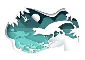 Paper cut dino silhouettes and nature landscape, vector illustration. Dinosaur, reptile wild animal. Archeology, history © Siberian Art