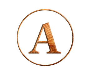 3D illustration hard wood plank letter A, brown color alphabet, circle round design element , isolated on white 