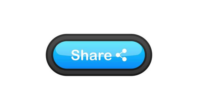 Share blue realistic 3D button isolated on white background. Hand clicked. Motion graphic.