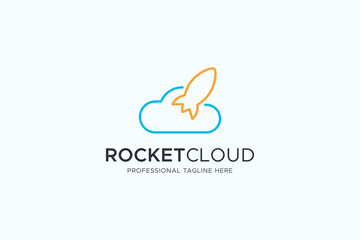Rocket Cloud Logo Line. Yellow Rocket with Blue Cloud Combination in Linear Style isolated on White Background. Usable for Business and Technology Logos. Flat Vector Logo Design Template Element.