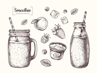 Smoothie in graphic style. Milkshake, strawberries, raspberries, yogurt, peach, blueberry and mint. Vector Hand Drawn in doodle style. Sketch Botanical Illustration. Eco healthy food.  © Katy's Dreams