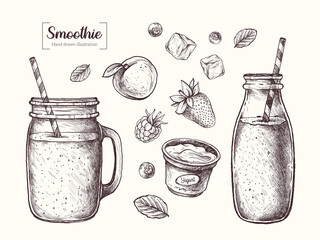 Smoothie in graphic style. Milkshake, strawberries, raspberries, yogurt, peach, blueberry and mint. Vector Hand Drawn in doodle style. Sketch Botanical Illustration. Eco healthy food. 