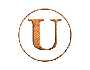 3D illustration hard wood plank letter U, brown color alphabet, circle round design element , isolated on white 