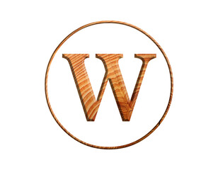 3D illustration hard wood plank letter W, brown color alphabet, circle round design element , isolated on white 