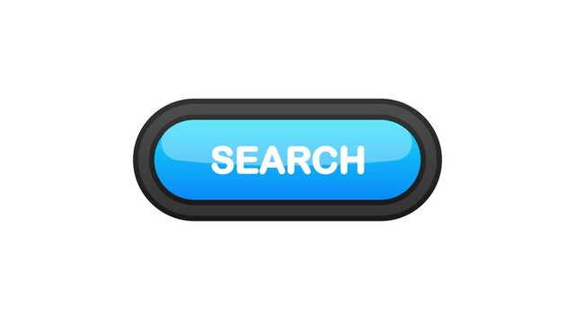 Search blue realistic 3D button isolated on white background. Hand clicked. Motion graphic.