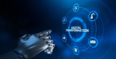 Digital transformation disruption innovation technology concept. Robot hand pressing button. 3d rendering.