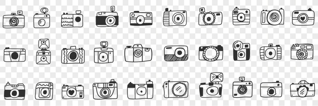 Photo camera with lens doodle set. Collection of hand drawn various photo camera equipment for photographers work isolated on transparent background