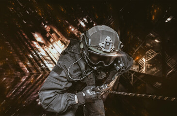 Rescuer descends from a skyscraper to save people from the fire. The concept of cataclysms,...