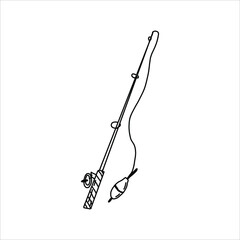 Vector fishing rod in doodle style. Isolated element on a white background. Fishing rod in line art style for tourism.