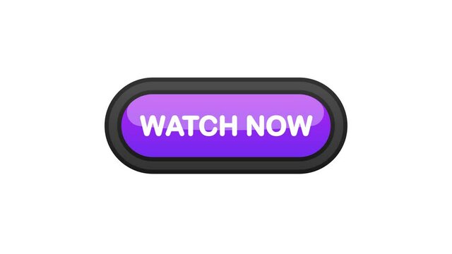 Watch Now purple realistic 3D button isolated on white background. Hand clicked. Motion graphic.
