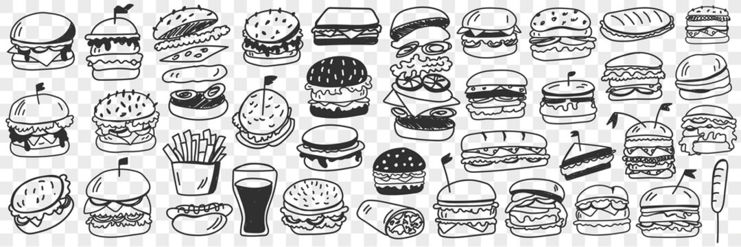 Burgers fast food doodle set. Collection of hand drawn tasty junk food hamburgers cheeseburgers rolls sandwich lemonade in glass isolated on transparent background