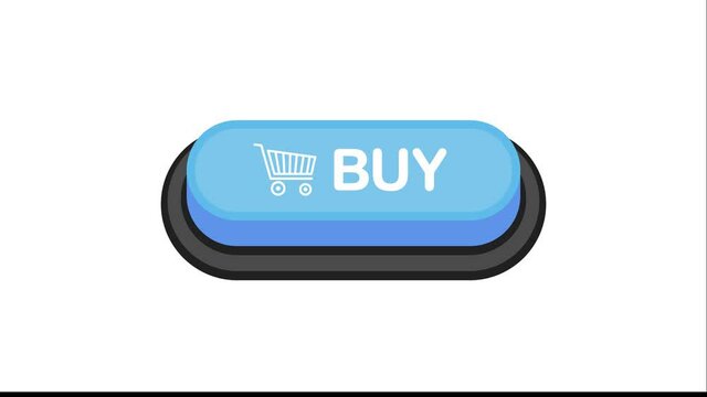 Buy blue 3D button in flat style isolated on white background. Motion graphic.