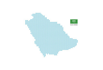 Saudi Arabia map design blue circle, white background with Saudi Arabia flag.