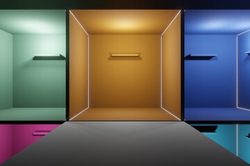 3d render, glowing lines, tunnel, neon lights, virtual reality, abstract background, square portal, arch, pink blue spectrum vibrant colors, laser show