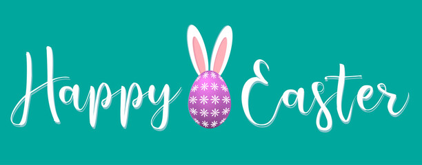Happy Easter banner. Trendy Easter design with typography, eggs and bunny ears, vector illustration
