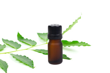 Neem oil in bottle and fresh neem leaf isolated on white background.