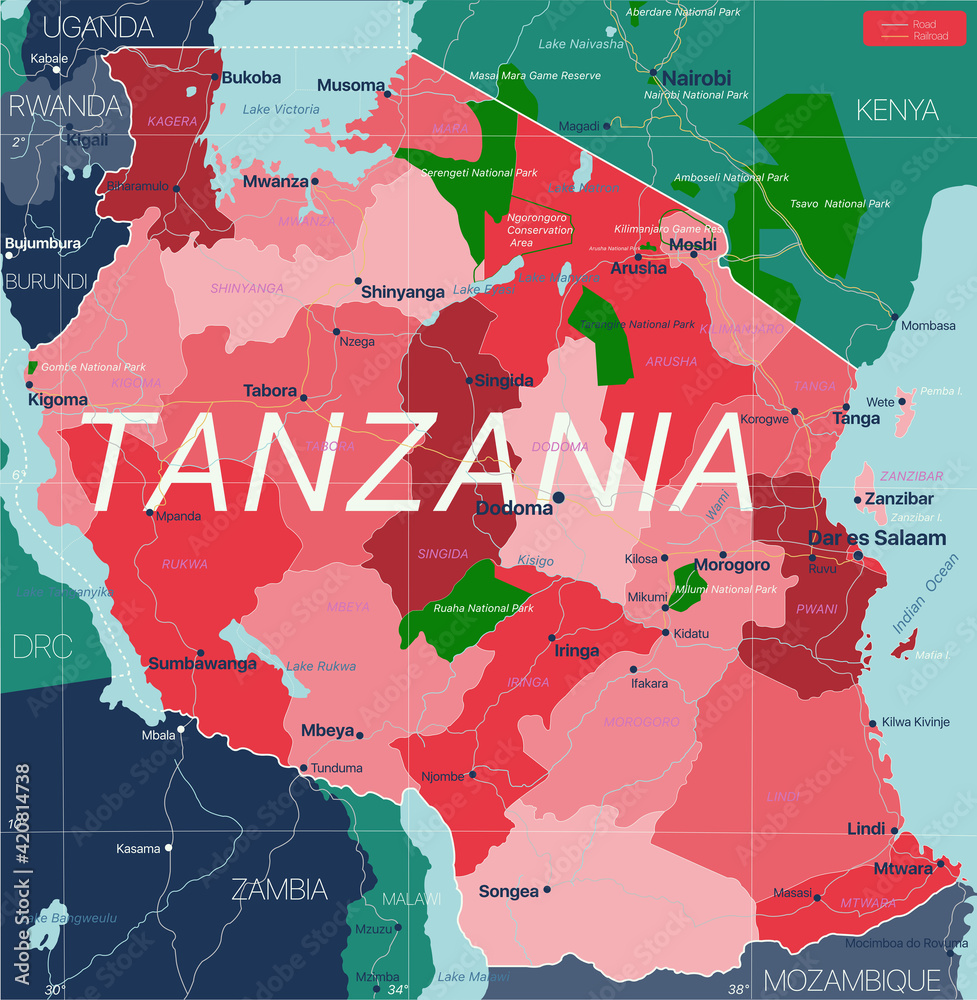 Poster tanzania country detailed editable map