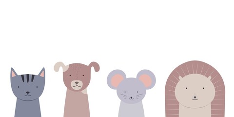 Cute animals set -  cat, dog, mouse, hedgehog. Vector illustration.