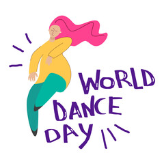 International dance day vector concept. Cartoon women with colorful hair dancing. 