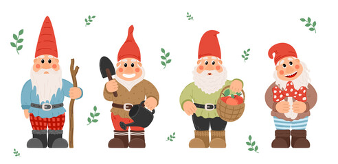 Collection of garden gnomes or dwarfs holding lantern, banner, mushroom, watering can. fairy tale gnomes with lanterns and garden tools in hats colorful cartoon vector set