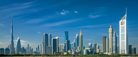 Dubai luxury and famous frontline at sunrise, United Arab Emirates