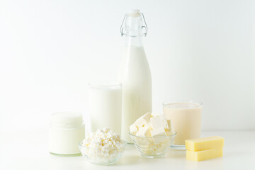 Different milk products: milk, cheese and yoghurt	