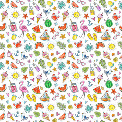 Seamless pattern. Summer background. Cute summer icons: food, drinks, tropical leaves, fruits, flamingo, crab, seagull. Vector flat style design. Doodle. Texture for wrapping paper, fabric, cards 