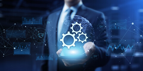 Gears icon on screen. Business and industrial process automation RPA Technology concept.