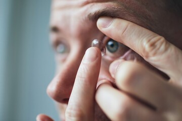 Young man putting contact lens on eye. Themes eyesight and daily routine.