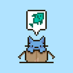 Fototapeta premium colorful simple flat pixel art illustration of cartoon cute kitten sitting in an open cardboard box and speech-bubble with fish in it