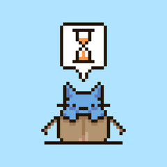 colorful simple flat pixel art illustration of cartoon cute kitten sitting in an open cardboard box and speech-bubble with sand clock in it