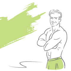 Fitness man stands gray and green colors. Outlines of a man silhouette. Hand-drawn outline illustration. Isolated on white.
