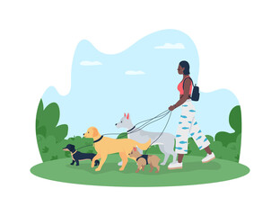 Dog walking 2D vector web banner, poster. African american woman with puppies on leashes flat character on cartoon background. Pet care and training printable patch, colorful web element