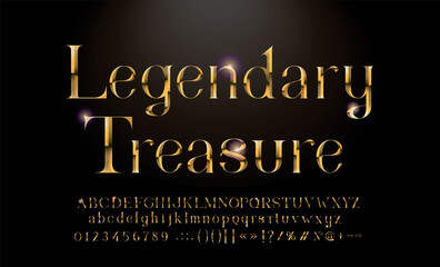 Realistic gold alphabet. Hand crafted serif font with rust effects. Gold roman textured uppercase. Elegant typeset.