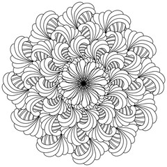 Abstract flower mandala with ornate layered petals, meditative coloring page with fan elements