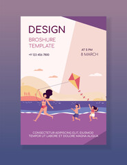 Happy mom with kids flying kite on beach. Family having fun at seaside. Flat vector illustration. Summer activity, leisure, vacation concept for banner, website design or landing web page