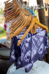 basic dyeing handkerchief tie basic indigo color and hanging process dry clothes in the sun in...