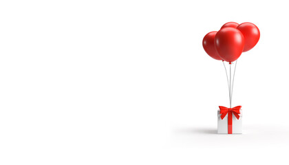 Holiday illustration of flying glossy red 3d balloon with gift box on white background.