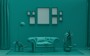 Minimalist living room interior in flat single pastel dark green color with 8 frames on the wall and furnitures and plants, in the room, 3d Rendering