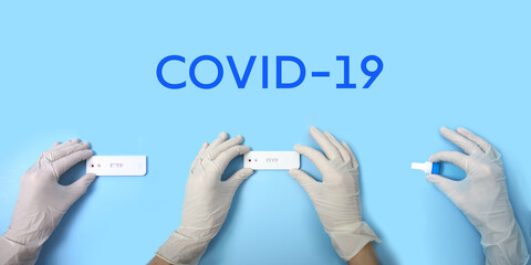 Express COVID-19 test for IgM and IgG antibodies to novel coronavirus SARS-CoV-2 in medical personal hands. Banner for rapid test in pandemic
