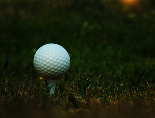 White golf ball on the tee On the green lawn background