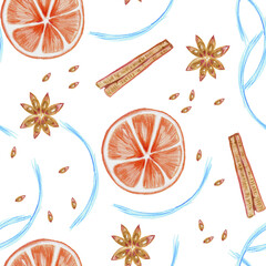 Raster seamless pattern with spices anise, orange and cinnamon on white field. Colored hand drawn picture.