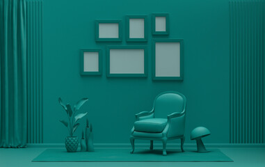 Wall mockup with six frames in solid flat  pastel dark green color, monochrome interior modern living room with furnitures and plants, 3d rendering