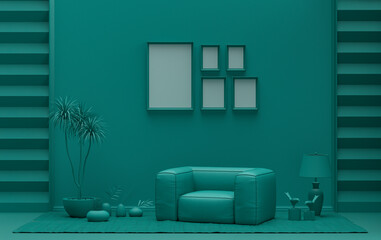 Flat color interior room for poster showcase with 5 frames  on the wall, monochrome dark green color gallery wall with furnitures and plants. 3D rendering